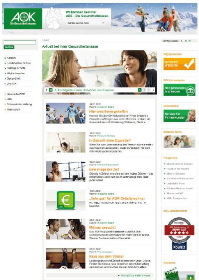 Website der AOK Krankenkasse